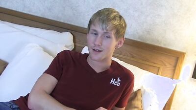 Slender blond twink drills his ass with a dildo while jerking off