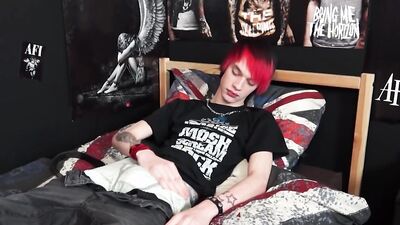 Cute emo twink with dyed red hair strokes his boner