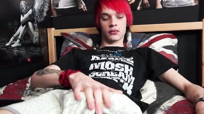 Cute emo twink with dyed red hair strokes his boner
