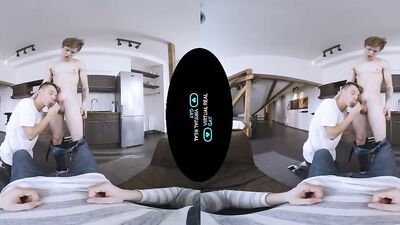 VR POV video with three horny guys dick sucking and fucking