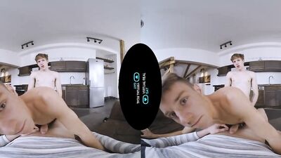 VR POV video with three horny guys dick sucking and fucking