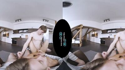 VR POV video with three horny guys dick sucking and fucking