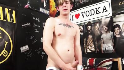 Lovely twink teases with his shaved dick and jerks off