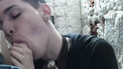 Skinny twink with piercings sucks a fat dick and jerks off