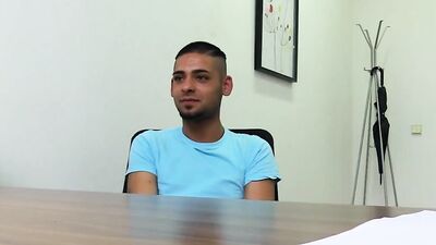 Exotic twink strips at an interview to give a blowjob