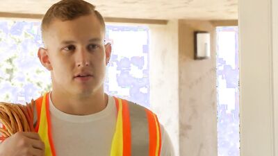 Buff electrician sucks a stud off and rides his dick