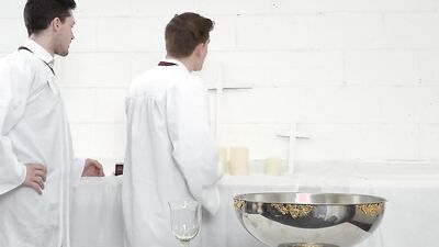 Missionary twinks in formal outfits fuck after sucking each other off