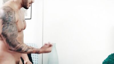 Tattooed and athletic stud sucks a twink off and drills him