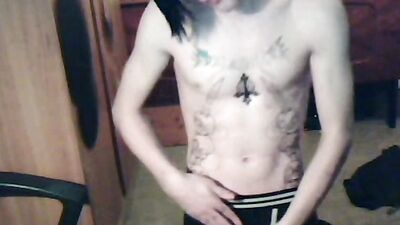 Inked and skinny alt twink strips naked and jerks off