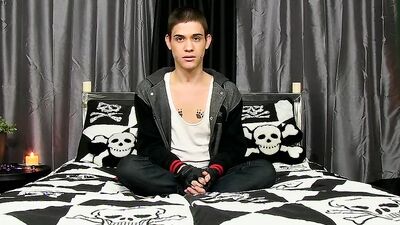 Tiny twink strips after an interview and strokes his cock
