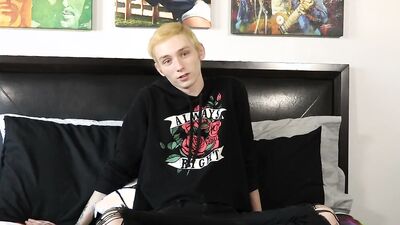 Tiny blond twink takes his clothes off and jerks off solo