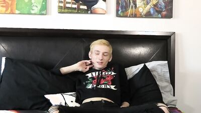 Tiny blond twink takes his clothes off and jerks off solo