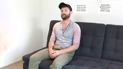 Fit bearded guy takes his fat cock out to masturbate