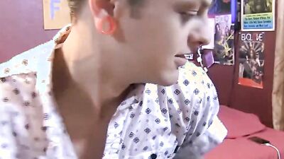 Cute alt twink with green hair tugs on his big cock