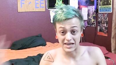 Cute alt twink with green hair tugs on his big cock