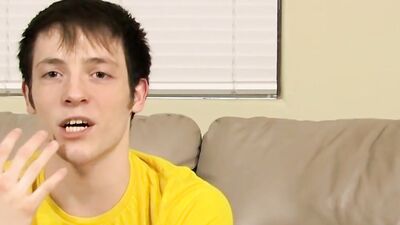 Lovely twink has fun at an interview and jerks off solo