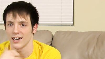 Lovely twink has fun at an interview and jerks off solo