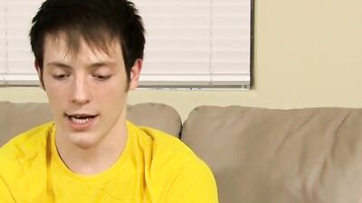 Lovely twink has fun at an interview and jerks off solo