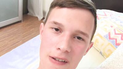 Adorable twink teases with his massive cock and jerks off