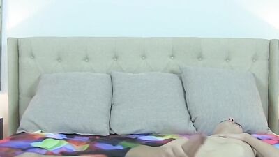 Slender twink teases with his huge cock and strokes it