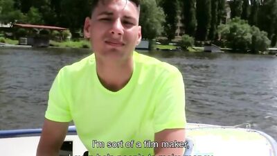 Cute twink strips naked during an outdoor interview before hardcore action