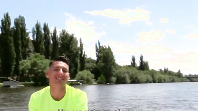 Cute twink strips naked during an outdoor interview before hardcore action