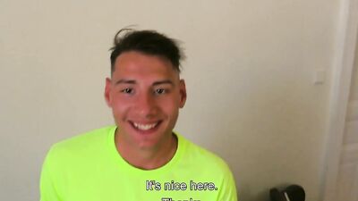 Cute twink strips naked during an outdoor interview before hardcore action