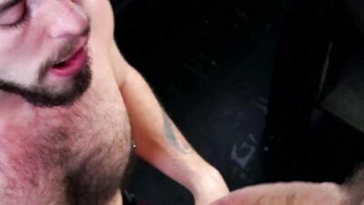 Hot stud with a beard and tattoos fucks a guy after oral