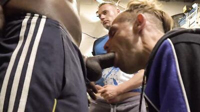 Four naughty mechanics dick sucking and fucking after a work day