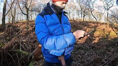 Mature guy pulls his dick out while hiking and jerks off