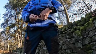 Mature guy pulls his dick out while hiking and jerks off