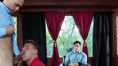 Hot jocks with sexy tattoos fuck in a rough threesome