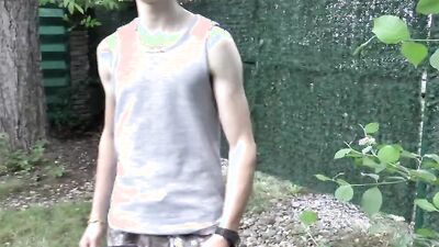 Cute twink films himself in nature before having his dick toyed with