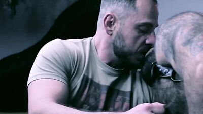 Hairy hunk fucks a bald and bearded stud after blowjobs