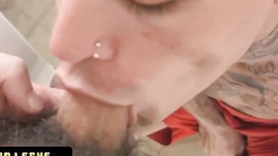 Cute tattooed twink sucks a big dick POV and gets railed