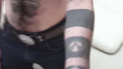 Inked and skinny amateur strips after an interview and jerks off