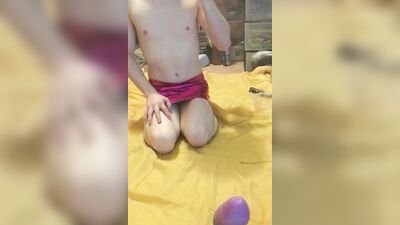 Tiny twink stretches his tight asshole with a huge dildo