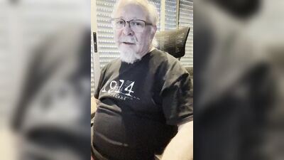 Chubby older guy with white beard and glasses jerks off