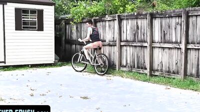 Hung guy teaches his stepbro how to ride a bike and fucks him