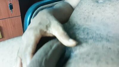 Chubby black guy with a beard and a fat cock jerks off