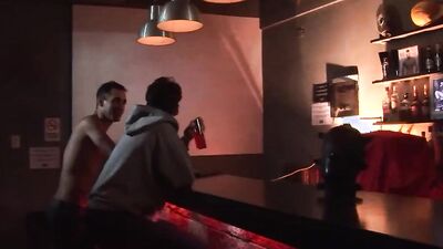 Twinks dick sucking and fucking on a counter in a bar