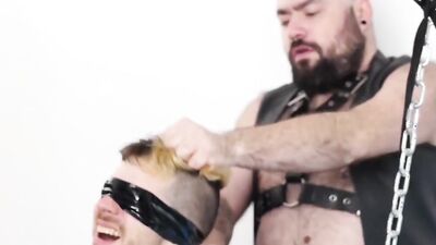 Hairy and chubby bear blindfolds a guy to fuck him hard