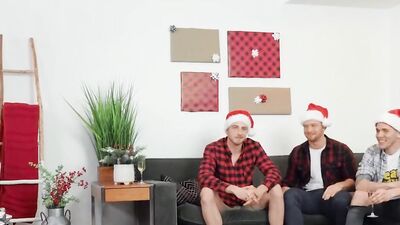 Three dashing studs in Christmas outfits dick sucking and anal banging