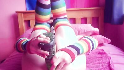 Lovely gay dude in colorful socks fucks his ass with a dildo