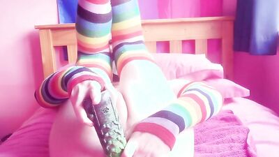 Lovely gay dude in colorful socks fucks his ass with a dildo