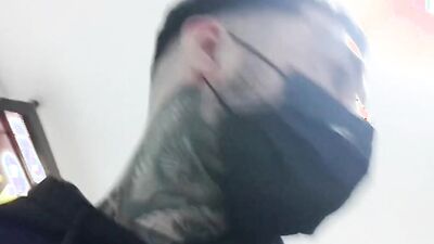 Inked stud strips down to socks and sneakers to jerk off
