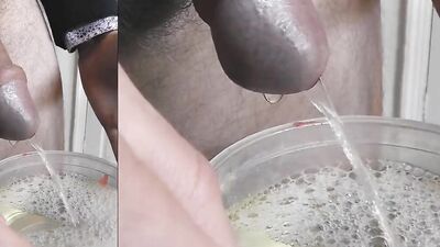 Compilation of a hung and naughty guy teasing and peeing in cups
