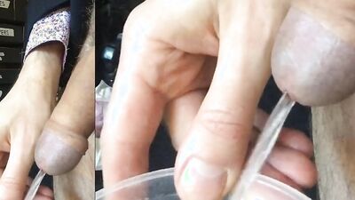 Compilation of a hung and naughty guy teasing and peeing in cups
