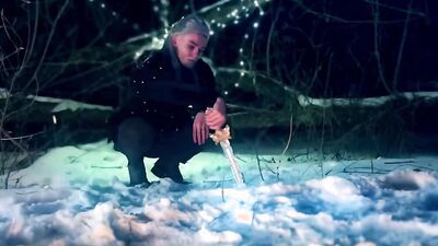 Cute blond twink pays the Witcher for his services with blowjob and anal