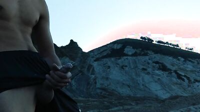 Athletic guy with chiseled abs goes outdoors to jerk off solo